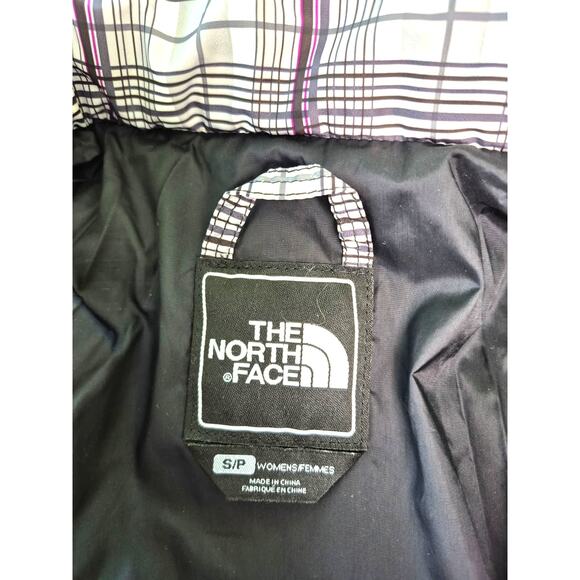 North Face Womens Short Jacket Thin Puffer Plaid White Black Purple Logo Winter - Picture 3 of 8